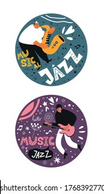 Music set of a jazz orchestra. Musicians play jazz instruments. Stylish jazz lettering. Vector music logos for printing products