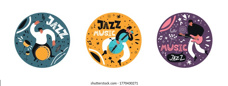 Music set of a jazz orchestra. Musicians play jazz instruments. Stylish jazz lettering. Vector music logos for printing products