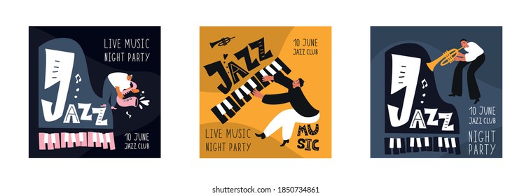 Music set of a jazz orchestra. Musicians play jazz instruments. Stylish jazz lettering. Vector music logos for printing products