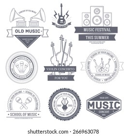Music set label template of emblem element for your product or design, web and mobile applications with text. Vector illustration with thin lines isolated icons on stamp symbol. 