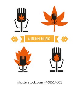 Music set. Retro microphone on stand icon. Media logo in vintage style. Isolated on white. Professional broadcast equipment. Ribbon with text autumn music. Vector illustration.