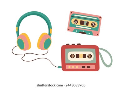 Música ambientada en estilo retro. Objetos musicales aislados en blanco. Ilustración dibujada a mano plana vectorial. Nostalgia.