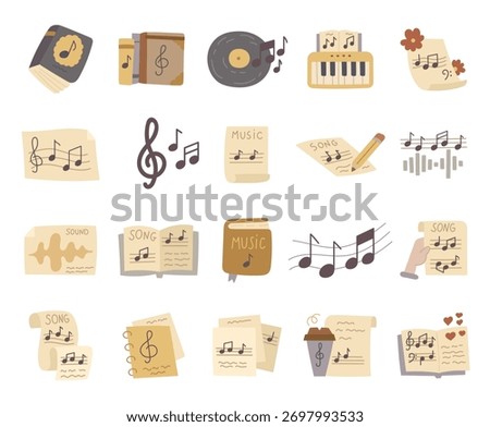 Music set in scandinavian style showing book, record, sheet, and creative objects for studying melody, writing song, learning exploring sound composition in education projects