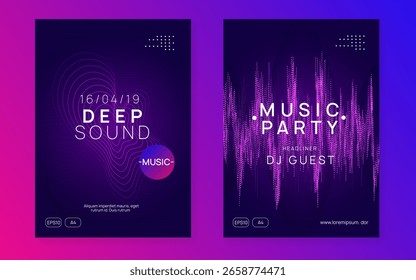 Conjunto de música. Diseño de danza violeta. Flyer de la Discoteca Verde. Ilustración de radio de onda sonora. Cartel del festival. Dj Festival Element. Portada de concierto. Conjunto de música rosa