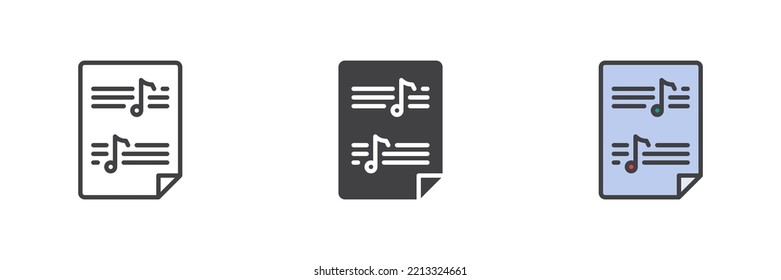 Music sheet different style icon set. Line, glyph and filled outline colorful version, music note outline and filled vector sign. Symbol, logo illustration. Vector graphics