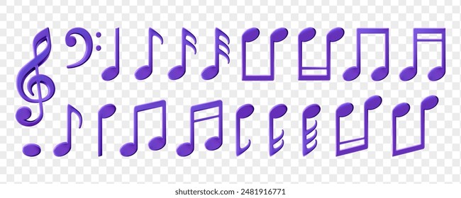 Music sheet elements for melody recording. Treble clef and notes icons. Purple metal decoration for jazz guitar festival poster. Musical concert set in 3d cartoon shiny render. Node score karaoke