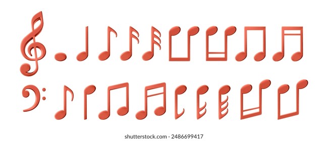 Music sheet elements for melody recording. Treble and bass clef and notes icons. Metal decoration for guitar festival poster. Key symbols decoration for violin instrument school or piano concert. - Powered by Shutterstock - Get 15% off with code: PIKWIZARD15
