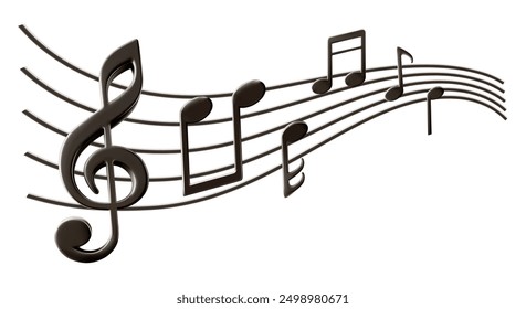 Music sheet elements for melody recording. Treble clef and notes icons. Classic decoration for festival poster. Wavy lines swirl as melody flow. Symbol denote musical sound. Realistic 3d design
