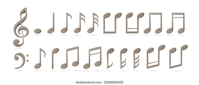 Music sheet elements for melody recording. Treble bass clef and notes icons. Metal decoration for music festival poster. Jazz orchestra, violin and piano or vocal song concert. Dance party celebration