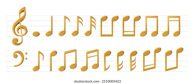 Music sheet elements for melody recording. Treble clef and notes icons. Metal decoration for festival poster. Musical concert illustration in 3d cartoon shiny metallic render. Gold collection isolated