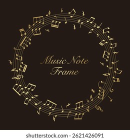 Music sheet frame on a black background: A vector illustration of golden music notes dancing around a circular staff