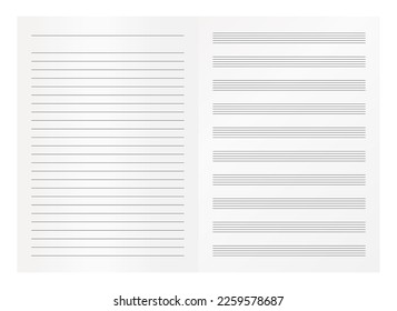 Music sheet and lined paper folio page template.