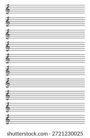 Plantilla de manuscritos de partituras con líneas de pentagrama de agudos en blanco para composición musical, notación, composición de canciones y partituras digitales o impresas