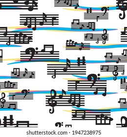 Music sheet, music notes, and lines in yellow, pink, and blue  vector illustration. Seamless pattern.