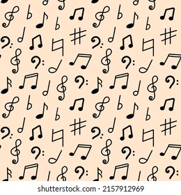 Music sheet paper doodle seamless pattern, black notes on pink background.