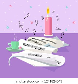 music sheets on the background of candles and cups of coffee