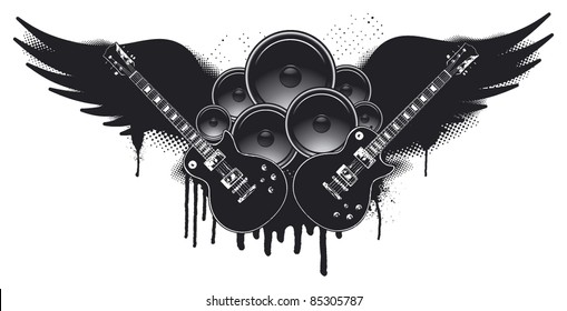 music shield with wings speakers and guitars