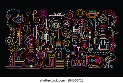 Music Shop abstract art vector illustration. Neon light silhouettes on black background. 