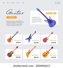 Music Shop With Catalog And Reviews With Details And Info. Buying Guitar, Online Info With Prices And Rating. Choosing Instrument In Internet. Website Or Webpage Template, Landing Page Flat Vector