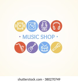 Music Shop Concept. Circle buttons. Vector illustration