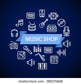 Music Shop Concept on Dark Blue. Vector illustration