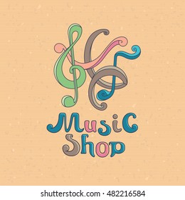 Music shop design template, exclusive font logo, Vector illustration in flat, cartoon style isolated from the background, EPS 10