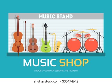 Music shop in flat design background concept.  Stand with musical instruments collection set. Icons for your product or illustration, web and mobile applications
