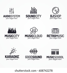 Music shop logo set with different icons black color style isolated on white background for use sound company, audio system shop, equipment market etc. Vector Illustration 