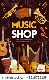 Music shop poster of folk, classic jazz and orchestra musical instruments. Vector music instruments, sound band equipment, guitar and saxophone, maracas and cello violin, tambourine, drum, banjo