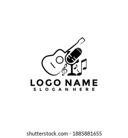 music shop, recording studio, karaoke club vector labels, badges, emblems logo vector. Guitar and microphone illustration