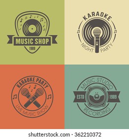 Music shop, recording studio, karaoke club set of four vector monochrome labels, badges, emblems and logos in vintage style