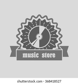 Music shop, recording studio, karaoke club monochrome label, badge, emblem or logo in vintage style with vinyl disc