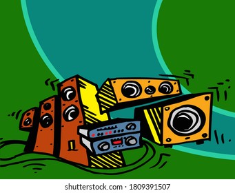 Music shop. Speaker system, amplifier, player, front speaker, subwoofer. Vector image for illustration.