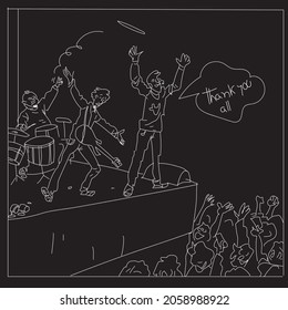 Music show cartoon vector concept stock illustration. Open air concert. Crowd listen and dance. People enjoying outdoor performance with musician band on stage. 