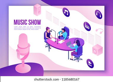 Music show isometric 3d illustration, modern podcast or audio blog concept, vector landing page template with people, microphone, sound studio interior in violet color