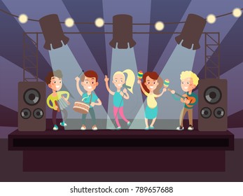 Music show with kids band playing rock on stage cartoon vector illustration. Music rock concert, musician kids with guitar performance