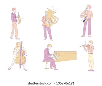 Music show musicians and musical instruments orchestra vector isolated characters man and woman saxophone and trumpet cello and piano violin classic concert symphony or musical composition or melody.
