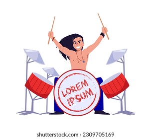 Music show or rock festival advertising poster or banner template with drummer playing music and copy space for text, flat vector illustration on white background.