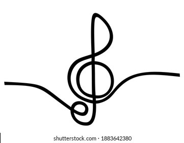 Music sign continuous one line drawing of G key symbol minimalist design. A treble clef is drawn by a single black line on a white background. One-line drawing. Continuous line. 