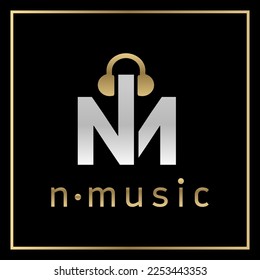 music sign design Element. Logo Monogram N M. Emblem with golden headphones on black background. Luxury decoration. Vector.