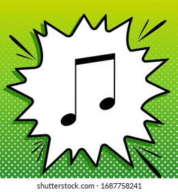 Music sign illustration. Black Icon on white popart Splash at green background with white spots. Illustration.