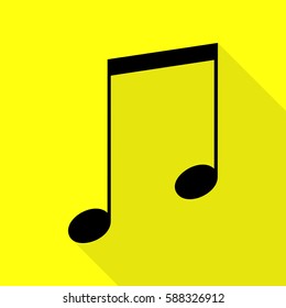 Music sign illustration. Black icon with flat style shadow path on yellow background.