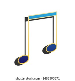 Music sign illustration. Blue icon with gold contour with dark gray shadow at white background. Illustration.