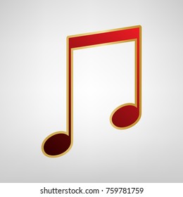 Music sign illustration. Vector. Red icon on gold sticker at light gray background.