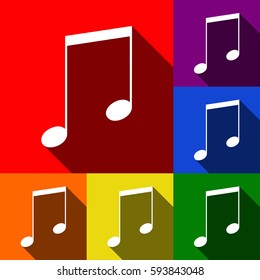 Music sign illustration. Vector. Set of icons with flat shadows at red, orange, yellow, green, blue and violet background.