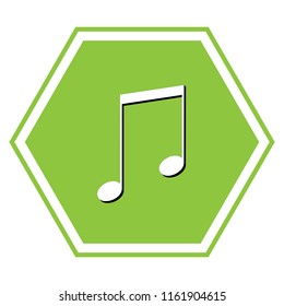 Music sign illustration. Vector. White icon with black shadow at yellow green honeycomb on white background.