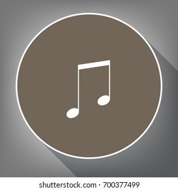 Music sign illustration. Vector. White icon on brown circle with white contour and long shadow at gray background. Like top view on postament.
