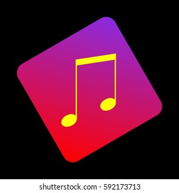 Music sign illustration. Vector. Yellow icon at violet-red gradient square with rounded corners rotated for dynamics on black background.