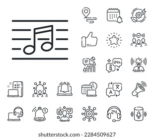 Music sign. Place location, technology and smart speaker outline icons. Musical note line icon. Musical note line sign. Influencer, brand ambassador icon. Support, online offer. Vector