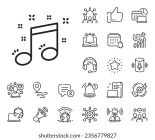 Music sign. Place location, technology and smart speaker outline icons. Musical note line icon. Musical note line sign. Influencer, brand ambassador icon. Support, online offer. Vector